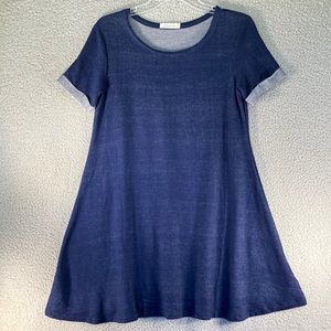 PinkLine Women's A Line Casual Dress Size L Blue Denim Look  Cuffed Short Sleeve